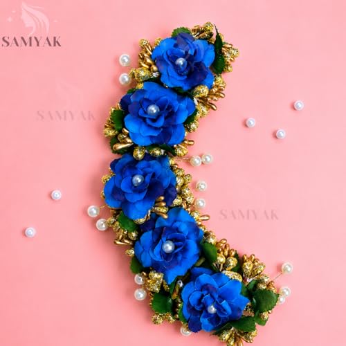 Image of Samyak Beautiful Hair Gajra Garland Handmade Floral Wedding Bridal Bridesmaid Hair Jewellery Bun | Juda Accessory | Tiara | Hair Vine | Hair Accessory | Hair Pin Clips Veni (Dark Blue)