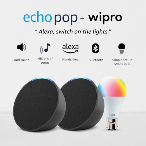 Image of Amazon Echo Pop (Black) gift twin pack with Wipro 9W Simple Setup LED Smart Color Bulb and Alexa | with Smart Home controls