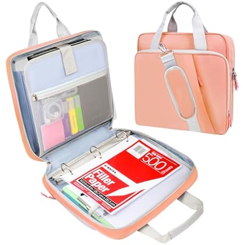 SIYNPAV 3 Ring Zipper Binder Bag 2 Inch with Shoulder Strap, Waterproof Nylon Binder with Zipper for 500 Sheet Capacity, Multi-Pocket Portfolio Organizer Case for 13 Inch Laptop Middle School (Peach) Cover