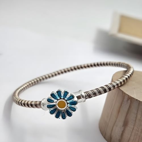 Image of Elegant Silver Green Enamel Floral Bracelet for Women