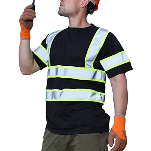 sesafety High Visibility Shirts for Men Class 3 Hi Vis Reflective Construction Shirts for Men with Pocket Safety T Shirts for Men Work Shirts for Men Short Sleeve Black Yellow Strips M Cover