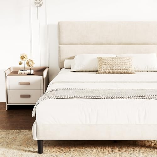 GRUSIGN Queen Size Platform Bed Frame with Velvet Headboard, Adjustable Height Wooden Slats Support, Upholstered Mattress Foundation, Fits Mattress or Mattress with Box Spring, Easy Assembly, Beige