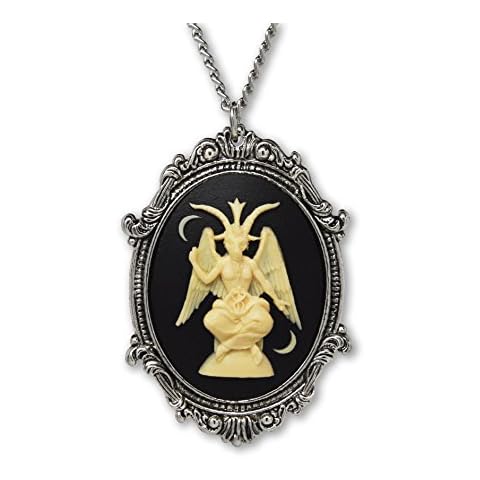 Real Metal Sitting Satanic Baphomet Cameo In Silver Finish Frame Necklace Pendant Ivory on Black Cover