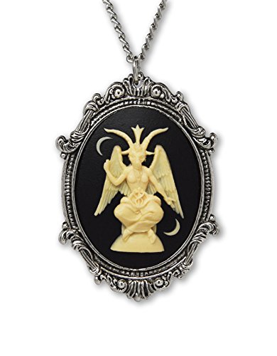 Real Metal Sitting Satanic Baphomet Cameo in Silver Finish Frame Necklace Pendant Ivory on Black