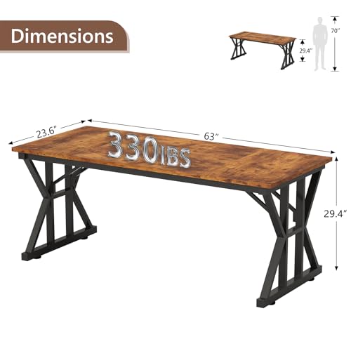 Image of 63 inch Large Computer Desk with Thickened Frame for Home Office, Living Room | Modern Simple Executive Desk, Larger Gaming Desk with X-Shaped ReInchforcement, Rustic Brown