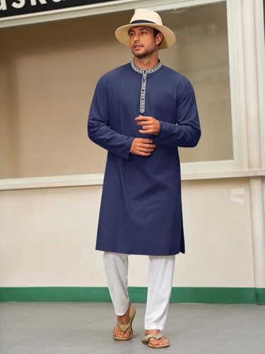 Runcati Mens Cotton Kaftan Robe Long Sleeve Button Down Henley Shirts Thobe Casual Side Split Gown Shirt4