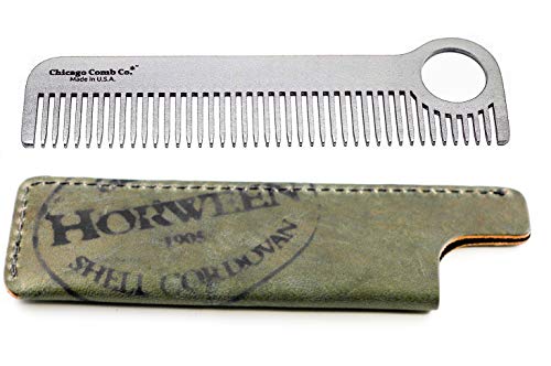 Chicago Comb Model 1 Stainless Steel + Horween Olive Shell Cordovan Sheath, Made in USA, Smooth, Durable, Anti-Static, 5.5 in. (14 cm) Long, Medium Tines, Ultimate Daily Use Comb, Gift Set