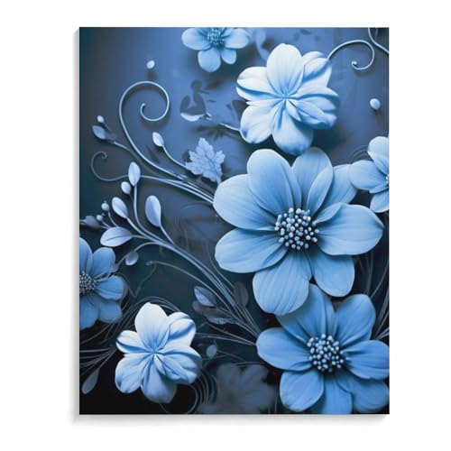 Tableau fleurs bleues déco murale salon chambre cadre coton lin 40x50
