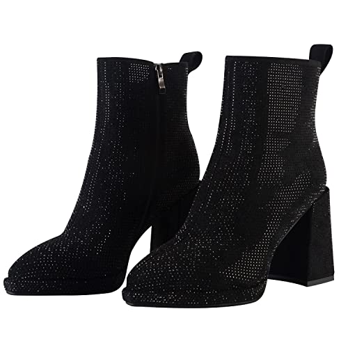Women's rhinestone Ankle Boots Chunky Heels Sparkly Booties Ladies Zipper Party Prom Booties4