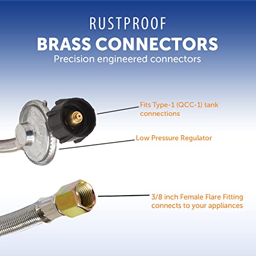 Image of Flame King 5-FT Universal QCC1 Low-Pressure Propane Regulator with Stainless Steel Braided Hose for Most LP Gas Grills, Heaters, and Fire Pit Tables, 3 /8 inch Female Flare Nut