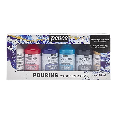 Pébéo - Set Pouring Expériences - Peinture Acrylique Pré-mélangée Prête à l'Emploi - 6 Flacons de 118ml - Blanc + Rouge + Bleu + Turquoise + Noir + Or