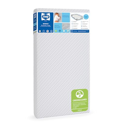 Sealy Baby Refresh Breathable Crib Mattress, GREENGUARD Gold Certified, Made in USA, Removable Knit Cover, 2 Stage, Toddler Bed Fit, Safety & Quality Tested, 52x28