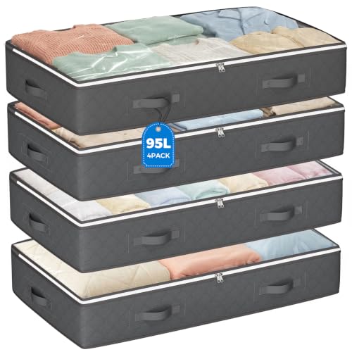 Budding Joy 95L Under Bed Storage Containers, 4 Pack Closet Organizers Grey