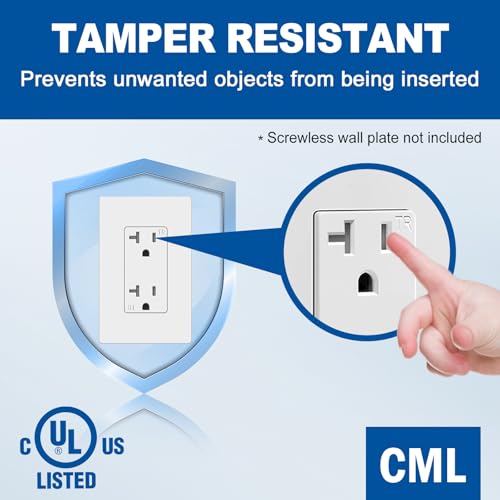 Image of CML 20 Amp Decorator Receptacle Outlet with Tamper Resistant (TR), Standard Electrical Wall Outlet, 20A /125V, UL Listed, White, 50 Pack