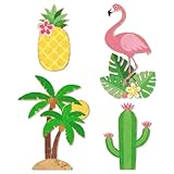 Putuo Decor Tropical Metal Wall Decor Set of 4, Pineapple Flamingo Palm Tree Cactus Tin Wall Art, Distressed Wall Hanging for Bathroom Patio Tiki Bar Pool Beach House Decor
