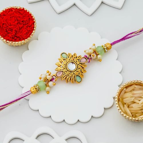 Image of eCraftIndia Beautiful Floral Rakhi for Brother With Gift Combo Set | Raksha Bandhan Designer Rakhi for Bhaiya Bhabhi Bhai Kids Boy | Best Bro Ever Fridge Magnet | Roli Chawal Pack