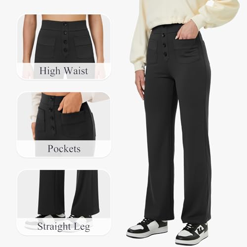 Women's High Waisted Button Multiple Pockets Work Pants, Straight Leg Casual Stretchy Business Trousers4