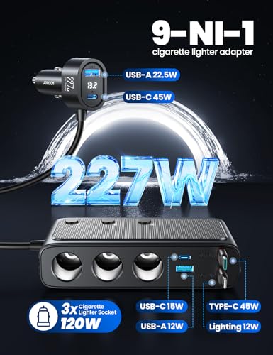 Image of 227W 9 in 1 Cigarette Lighter Splitter, PD36W *2 & QC3.0 Fast Car Charger | Retractable USB C Fast Charger, 12V /24V Car Charger, 31.5IN Retractable Cords & 39.6IN Extension Cord, LED Voltage Display