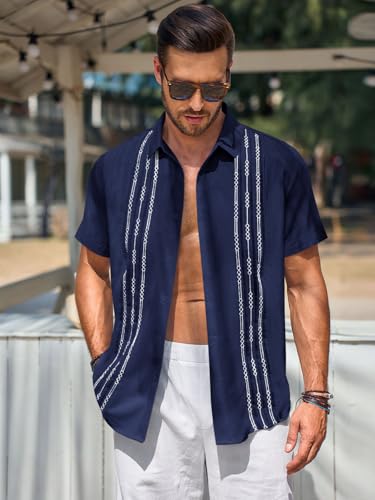 Runcati Mens Short Sleeve Guayabera Shirts Linen Cotton Button Down Mexican Embroidered Cuban Wedding Shirt Summer Beach Tops2