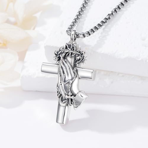 PROESS Praying Hands Cross Necklace 925 Sterling Silver Crown of Thorns Necklace Serenity Prayer Cross Pendant Cremation Jewelry Religious Gifts for Men Christian3