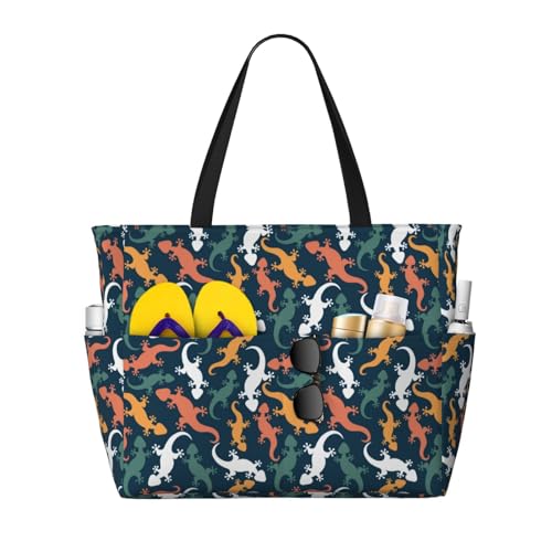 Large Beach Bags Water-resistant Sandproof - Cartoon Lizard Gecko Multicolor Cute Beach Tote Bags for Women with Zipper