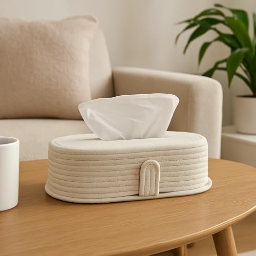Image of BOBBINY Jute Cotton Tissue Box Holder, Handcrafted Tissue Container for 100 Pulls Natural Tissue Holder for Office Living Bedroom Car Desk Dining Table Home Decor (Off White, Design 6)