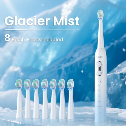 YUNCHI C2 Elektrische Zahnbürste mit 40000 VPM, Schallzahnbürste für Erwachsene, USB-C Ladung, 55 Tage Akkulaufzeit, 5 Putzmodi, 2-Min-Timer, 8 Bürstenköpfen, Reiseetui, Hellblau - Weiß Verlauf – Bild 3