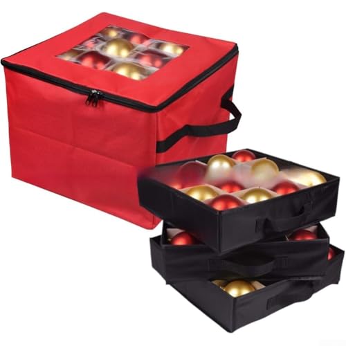 Caja De Almacenamiento De Adornos De Bolas De Navidad, Bolsa De Almacenamiento De Bolas De Árbol De Navidad Con 3 Bandejas Extraíbles, 48 Bolsas De Almacenamiento Con Asas Rojo