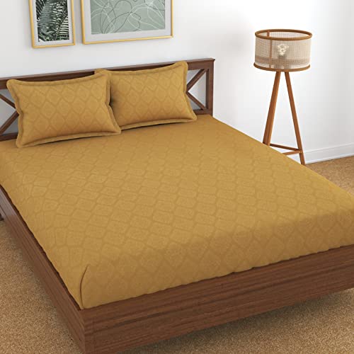 Image of Fitzy 280 TC Fitted bedsheet King Size, Elastic bedsheet, 72x78 inches + 10 inches Drop, with 2 Pillow Covers (Damass-Camel, 72 inch x 78 inch)