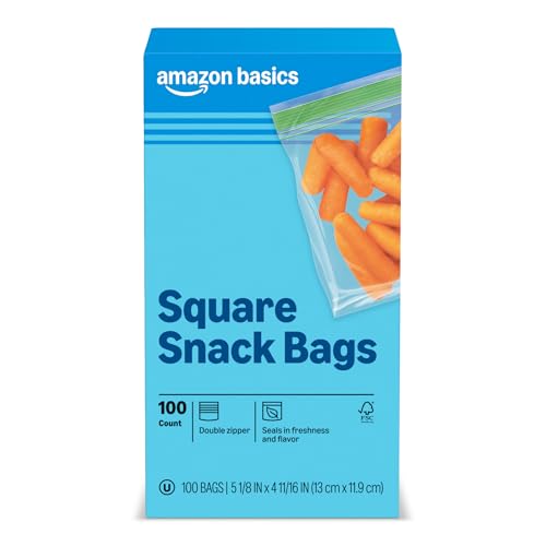 Amazon Basics Square Snack Bags with Double Zipper Seals in Freshness 5 1/8 x 4 11/16 100 Count