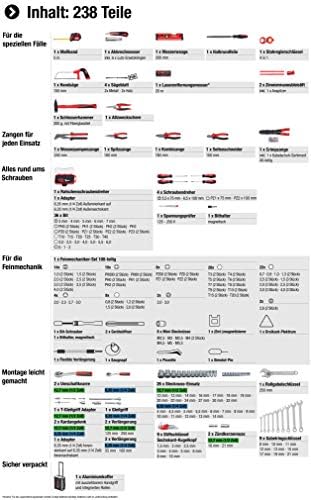 Bild 3 - Meister Werkzeugtrolley 238-teilig - Werkzeug-Set - Teleskophandgriff / Profi Werkzeugkoffer befüllt / Werkzeugkiste fahrbar auf Rollen / Werkzeugbox komplett, Schwarz/Silber, 8971480