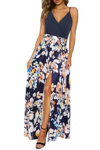Image of Newshows Women's Sundress Summer 2026 V Neck Plus Size Floral Sleeveless Casual Business Casual Work Long Flowy Maxi Beach Vacation Dress(Blue Floral Orange,S)