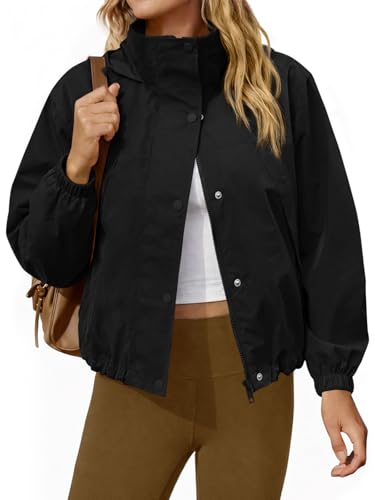 Yousify Womens Light Jackets Windbreaker Hooded Athletic Sun Protection Outerwear Cropped jacket Hiking Spring Coats Black