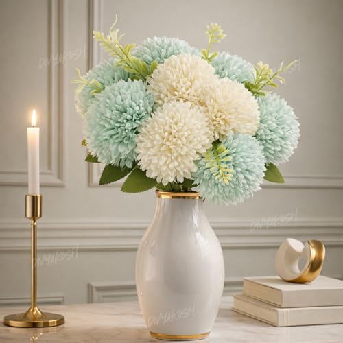 Image of Divyakosha Artificial Flower Bouquet 10 Heads (7 Mint Green & 3 Cream White) Vase Arrangement with Leaves, Faux Chrysanthemum Flowers for Home Decor