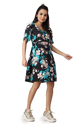 Image of POPWINGS Casual Printed V-Neck Short Sleeves Knee-Length Fit and Flare Dress for Women || Frokc-Style Summer Wear Dresses for Women || Loose-Fit Comfortable Women Dress for Regular Wear
