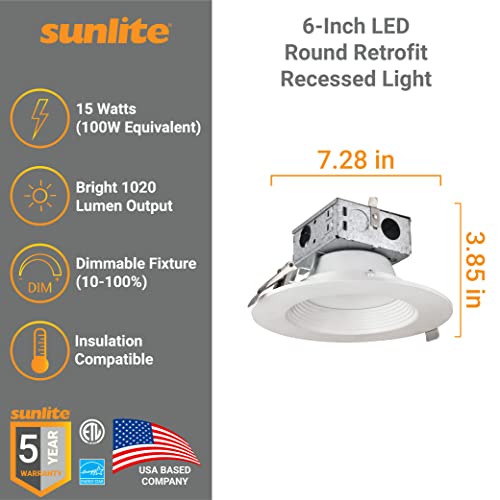 Sunlite 41283-Su 6-Inch Round Led Recessed Lighting Fixture, 15 Watts (100W Equivalent), 1020 Lumens, Dimmable, Energy Star, Etl Listed, 40K - Cool White 6 Pack #TOP1