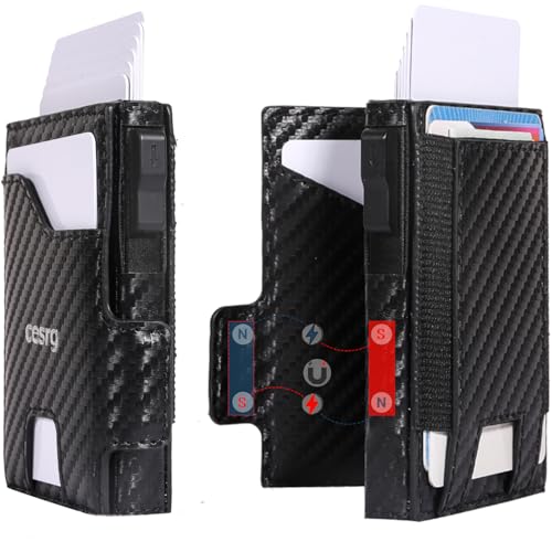 Premium RFID Blocking Slim Wallet, Black Leather, Pop-Up Card Holder with Magnetic Closure, Minimalist Design for Credit Cards (carbon fiber texture)