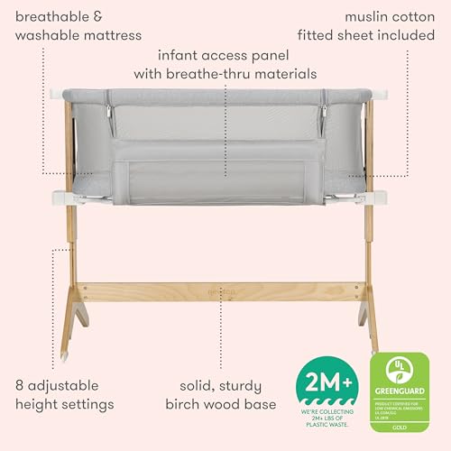 Newton Baby Bassinet & Bedside Sleeper with Mattress & Sheet - Ultra-Breathable & Completely Washable, Removable Dual-Layer Cover | Solid Birch Frame Adjustable Height & Infant Access Opening