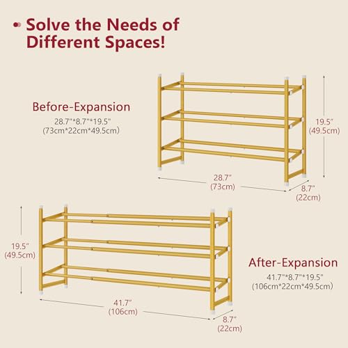Image of Tajsoon Expandable Shoe Rack for Closet 3 Tier, 28 inch-41 inchAdjustable & Stackable Shoe Shelf Storage, Metal Shoe Rack Organizer for Front Door Entrance, Closet, Garage, Entryway, Gold