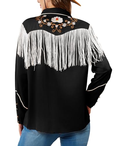 JOHN MOON Women's Floral Embroidered Fringe Western Shirts Rodeo Cowgirl Button Down Blouse Tops Country Style Outfits4