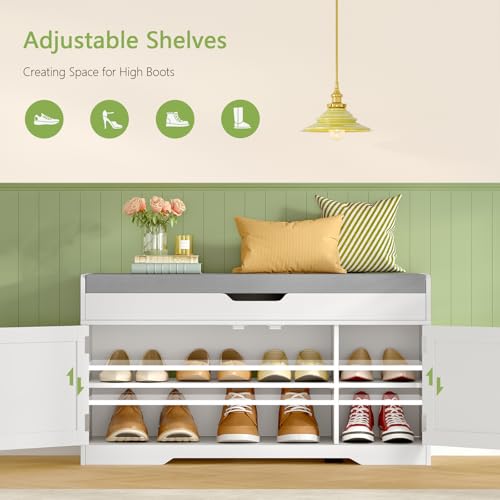 Image of TEENFON 2-Tier Storage Bench, Shoe Bench with Adjustable Shelf & Lift Top Storage, Entryway Bench with Cushioned Seat,13.8 inchD x 36.2 inchW x 19.7 inchH, Shoe Organizer for Entryway, Living Room, Bedroom, White