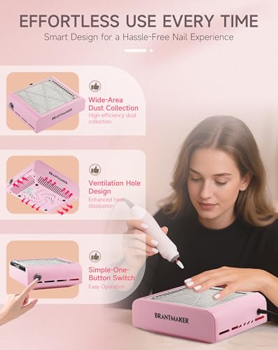Image of BRANTMAKER Nail Dust Collector with Brush and 2 Reusable Filters (Pink) | Vacuum Dust Fan for Acrylic Nails