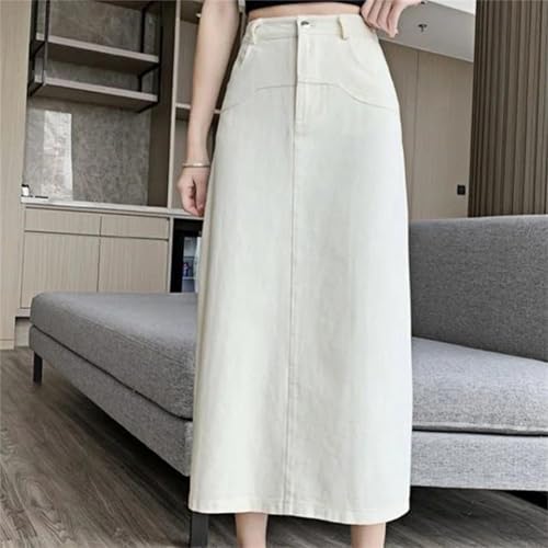 Women's A-Line Denim Midi Skirts - Washed Solid Color, High Waist, Back Split, Wrapped for Summer Wear2