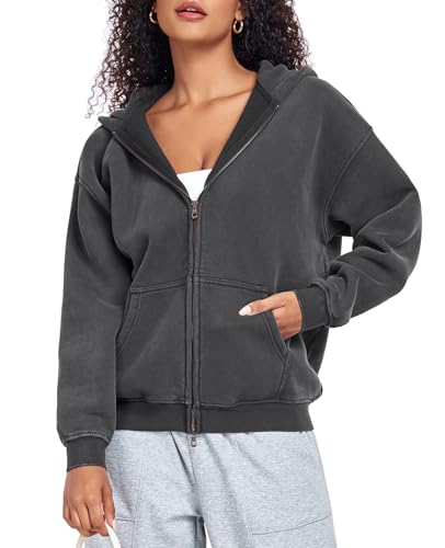 HOUZONIY Hoodie Damen Sweatjacke Kapuzenjacke Oversize Reißverschluss Fleece Sweatshirt Einfarbig Herbst Jacken Y2k Kapuzenpullover
