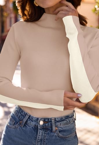 Image of MEROKEETY Women's 2025 Fall Mock Neck Lightweight Pullover Sweater Fitted Ribbed Long Sleeve Color Block Knit Tee Shirt Tops