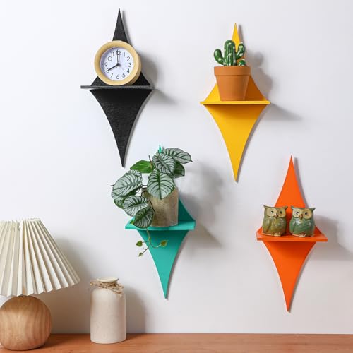 Image of Threehoney Mid-Century Modern Wall Set of 4 Colorful Floating Display Shelves Retro Style Starburst Wall Mounted Shelves Storage for Bedroom, Living Room Decor(Rhombus)