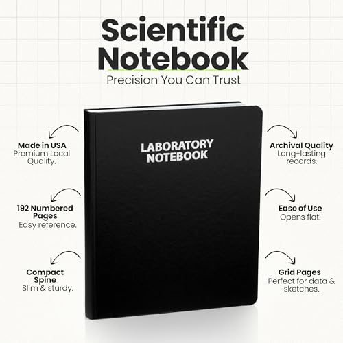 Scientific Notebook Company Flush Trimmed, Model #2001 Research Laboratory Notebook, 192 Pages, Smyth Sewn, 9.25 X 11.25, 4x4 Grid (Black Cover) - Made in the USA