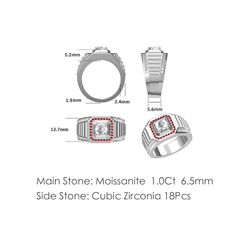 Gem's Beauty Moissanite Men's Rings 925 Sterling Silver White Gold Plated Wedding Ring 6.5Mm1.0Ct D Color Moissanite Engagement Ring Diamond Rings For Man Wedding Fine Jewelry(Size 9 #TOP2