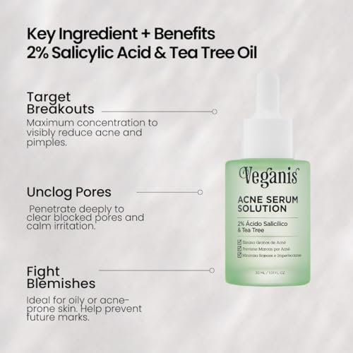 VEGANIS Acne Serum Solution 2% Salicylic Acid & Tea Tree Enhancer Face Oil for Acne Prone Skin, Helps Reduce the Appearance of Pimples & Pores – Vegan & Cruelty Free
