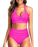 Tempt Me Women's Vintage Swimsuits Hot Pink Retro Halter Ruched High Waist Bikini with Bottom M